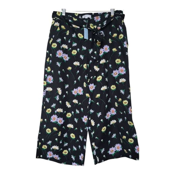 Ann Taylor LOFT Linen Blend Black Floral Wide Leg Crop Pants L Petite  NEW - Picture 7 of 9